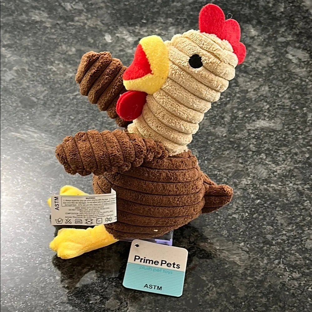 Prime Pets Plush Rowdy Rooster Squeaky Dog Toy Brown, Red & Yellow NWT 8” x 6